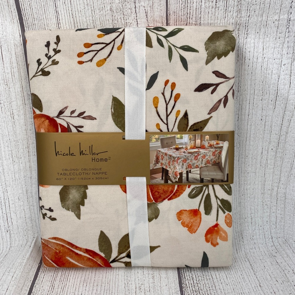 Nicole Miller Home Tablecloth 60x120 Cream Orange Pumpkin Fall Harvest Autumn